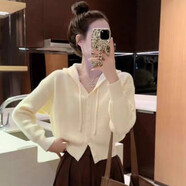 慕牧潮打底衫帶帽子的毛衫女毛衣休閑寬松韓版連帽長袖高腰短款小個子可 米白色升級版 均碼 80-140斤可穿