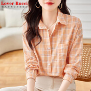 LOVER RUCCI棉布薄款格子襯衫女長(zhǎng)袖春夏季新款洋氣百搭上衣夏裝寬松休閑襯衣 桔色 M 105斤以?xún)?nèi)