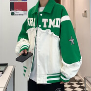 柯菲沃 克萊因藍美式棒球服外套外套男潮牌高街痞帥小眾設計感牛仔拼接毛邊外套韓版潮流青少年情侶外套 國潮-JK8509綠色 2XL