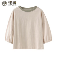 漫佩 春夏季短·袖T恤女學(xué)生韓版七分袖ins寬松BF百搭純色中袖上衣服潮 杏色 M