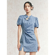 太平鳥(niǎo)女裝中式牛仔連衣裙夏顯瘦別致旗袍短裙氣質(zhì)提花裙子 牛仔藍 S