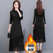 賢語(yǔ)蕾絲針織連衣裙女2021新款冬季韓版顯瘦加絨加厚針織打底毛衣裙潮 黑色【加絨加厚】 3XL 135-150