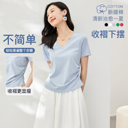 歐莎（OSA）收腰V領(lǐng)新疆棉短袖t恤女夏季2025年新款內(nèi)搭正肩小白T上衣 淺藍(lán)色 XL