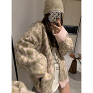 現(xiàn)寶蓮慵懶風(fēng)寬松豹紋大毛衣外套女秋冬裝外穿加厚單排扣中長(zhǎng)款針織開(kāi)衫 粉色 S