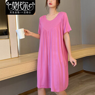 莫代爾棉睡裙女夏季薄款寬松短袖連衣裙大碼加肥家居服A字裙百褶居家裙 玫紅 XL (140-200斤)