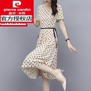 皮爾卡丹（pierre cardin）波點連衣裙女2025年夏季新款收腰顯瘦氣質(zhì)優(yōu)雅流行系帶法式雪紡裙 杏色 L