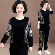 慕姝媽媽裝春裝金絲絨運(yùn)動(dòng)服套中老年女裝春裝時(shí)尚洋氣時(shí)尚休閑女裝 粉色花 4XL建議130-145斤左右