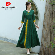 皮爾卡丹2025春秋大碼女裝新款復(fù)古提花棉麻長(zhǎng)裙休閑民族風(fēng)大擺亞麻連衣裙 綠色 L 【90-120斤】