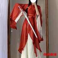 美梵朗涅槃復原南北朝魏晉大袖女漢服交領(lǐng)異形圍裳全套破裙 紅圍裳+白里裙+腰封+腰鏈-女古裝服裝 S 150-160-女古裝服裝