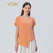 VOA30姆米重磅桑蠶絲粉色短袖不對(duì)稱設(shè)計(jì)圓領(lǐng)飄帶做舊工藝真絲T恤 BE811 櫻珊瑚(F38) M
