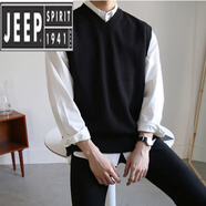JEEP SPIRIT春秋季男士無袖毛衣背心寬松坎肩打底衫v領針織衫加厚韓版馬甲潮 套裝黑色背心+長.袖白色襯衫 XL 約115-130斤穿