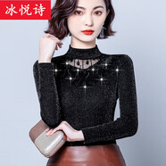 冰悅詩(shī)秋冬裝新款半高領(lǐng)蕾絲顯瘦網(wǎng)紗加絨加厚打底衫女長(zhǎng)袖紗衣小衫上衣 黑色薄款 M 建議80-98斤