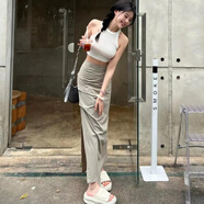 慕雪辭褶皺半身裙女夏修身顯瘦薄款速干開叉半裙歐美ins辣妹純欲工裝裙 卡其色【裙子+背心】 L