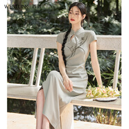 西遇新中式女裝復(fù)古連衣裙2024春季新款綠色氣質(zhì)優(yōu)雅刺繡改良旗袍 綠色 S