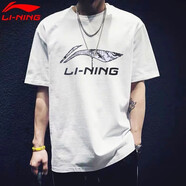 李寧（LI-NING）短袖t恤男夏季薄款涼感冰絲體恤寬松休閑透氣棉質圓領運動上衣 白色-鯊魚 M /170 (105-125斤)