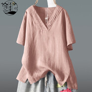 弄堂里洋氣不規則棉麻短袖襯衫夏大碼女裝寬松文藝純色V領(lǐng)薄亞麻T(mén)恤上衣 粉紅色 M 【建議85-105斤】