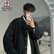 AEMAPE春秋牛仔外套男港風(fēng)復古牛仔外套男寬松百搭水洗牛仔夾克上衣外套 黑色 L