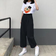 秋季新款學院風牛仔愛心背帶褲女韓版寬松BF顯瘦闊腿直筒連體長褲 303黑色 S