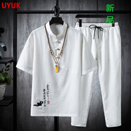 UYUK國風(fēng)中國風(fēng)套裝男唐裝男潮牌復古外套中式漢服古裝冰絲短袖T恤男青年 TZ026白色 XL