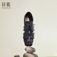 日著原創(chuàng)設(shè)計女鞋夏季新款時尚簡約氣質(zhì)編織鏤空真皮涼拖鞋 尋黑 36