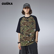 古由卡（GUUKA）美式潮牌短袖t恤男士五分半袖夏季新款夏裝拼接上衣寬松休閑迷彩 軍綠色 M