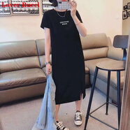 LOVER RUCCI純棉短袖t恤裙女2025夏季新款中長款寬松過膝長裙卡通時尚連衣裙 黑色(雙層小字母款) XL