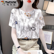 啄木鳥(niǎo)扎染純棉短袖T恤女裝寬松2025夏季新款印花時(shí)尚薄款打底衫女上衣 圖片色 2XL 建議135-150斤