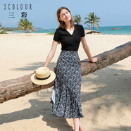 三彩2024夏季新款碎花半身裙高腰開(kāi)叉A字裙浪漫長(cháng)裙清新女 藏青色花卉 S 155/64A