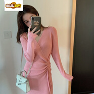 初徑針織連衣裙女2025秋冬港味氣質(zhì)交叉V領(lǐng)系帶修身顯瘦打底毛線裙子 粉色開(kāi)叉 2XL【建議125-145斤】