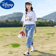 迪士尼品牌女童夏裝運(yùn)動(dòng)套裝夏季中童4-13歲大童小女孩好衣服兒童兩件裝 百色 140cm