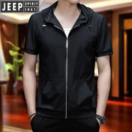 吉普（JEEP）連帽衛(wèi).衣男短袖拉鏈開衫t恤2025夏季半袖運(yùn)動(dòng)休閑帽衫薄款外套潮 黑色 M 48 100-120斤