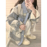風(fēng)曉薇潮牌oversize毛呢格子拼接外套女春秋季寬松慵懶風(fēng)bf美式復(fù)古夾克 圖片色 藍(lán)色-春秋款女裝薄女外套 L -春秋款女裝薄女外套