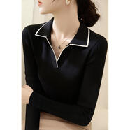 蜜莎蜜拉（Mirza Mirror）深灰色長(cháng)袖針織衫女秋季新款修身顯瘦內搭打底上衣拼色POLO領(lǐng)毛衣 黑色 s建議80-100