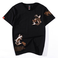 簡(jiǎn)拓夏季薄款中國風(fēng)重工刺繡純棉短袖T恤 學(xué)生情侶裝體恤男大碼半袖衫 2012黑色 L
