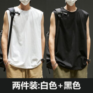 遙渠（YAO QU）夏季純色背心男潮牌帥氣短袖寬松圓領(lǐng)體恤ins港風(fēng)百搭運(yùn)動(dòng)坎肩 2件裝黑色+白色 XL【110-130】