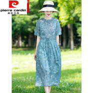 皮爾卡丹（pierre cardin）棉麻連衣裙棉綢高端苧麻夏季薄款女新款氣質(zhì)收腰洋氣減齡碎花裙子 圖片色 L碼建議116-125斤
