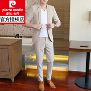 皮爾卡丹（pierre cardin）2025男士西服套裝韓版修身休閑外套中袖夏季薄款小西裝七分袖帥氣 927卡其色-/三件套(上衣+衣服+褲子) M 165
