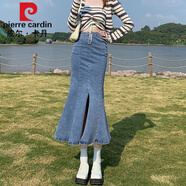 皮爾卡丹（pierre cardin）黑色魚(yú)尾裙半身裙女春秋a字裙高腰不規則中長(cháng)款辣妹包臀牛仔裙子 淺藍色【高質(zhì)量】 L