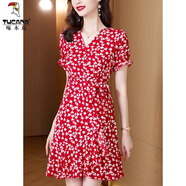 啄木鳥(niǎo)碎花連衣裙女夏季2025新款裙子系帶收腰顯瘦短裙v領(lǐng)高腰雪紡a字裙 紅色 L 【105-115斤】