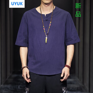 UYUK短袖男冰絲T恤男夏季中國風亞麻短袖寬松棉麻半袖V領五分袖上衣潮牌男裝 7025深藍色 4XL
