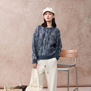 西町村屋（SETIROM）復(fù)古提花寬松毛衣女裝2024秋冬新款氣質(zhì)圓領(lǐng)針織衫XA9D10015 藍(lán)色 F