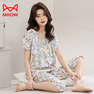 貓人（MiiOW）棉綢睡衣女綿綢短袖七分褲兩件套人造棉夏季家居服套裝媽媽外穿 花顧里 XL 建議80-100斤