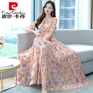 皮爾卡丹碎花連衣裙2024年新款春季女裝名媛氣質(zhì)雪紡長(cháng)款高等長(cháng)袖春秋裙子 2025粉色 M
