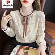 皮爾卡丹（pierre cardin）加絨蕾絲打底衫女秋冬新款韓版洋氣上衣百搭大碼女裝百搭保暖小衫 杏色 M