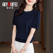 璦優(yōu)霏（aiyoufei）薄款蕾絲短袖t恤女裝2025夏季新款爆款短款高端冰絲針織衫女上衣 藏青 L (建議105-115斤左右)