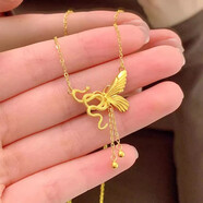 QMXD靈蛇與蝴蝶金項鏈女士新中式復古仿沙金生肖蛇年情人節520禮物女 靈蛇蝴蝶流蘇項鏈