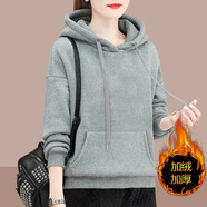 登森奧奧2023加絨加厚衛衣女春秋裝寬松百搭長(cháng)袖女士寬松短款連帽外套上衣 純灰色（加絨加厚） L 建議100-120斤