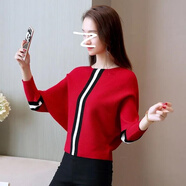 月袖寬松蝙蝠衫毛衣女秋冬長(cháng)袖2024新款韓版打底上衣寬松百搭針織衫女 紅色 S