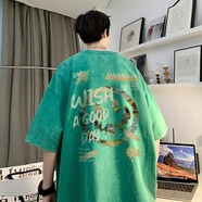 魄克重磅t恤男夏季水洗復(fù)古280克純棉短袖上衣美式潮流寬松大碼體恤衫 T688水洗綠 5XL(195-210斤)