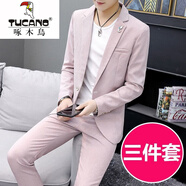 啄木鳥韓版休閑春秋西服套裝男士修身商務(wù)正裝新浪痞帥薄款休閑小西裝男 1917粉色【西服+褲子+T恤】 3XL 【建議142-165斤】